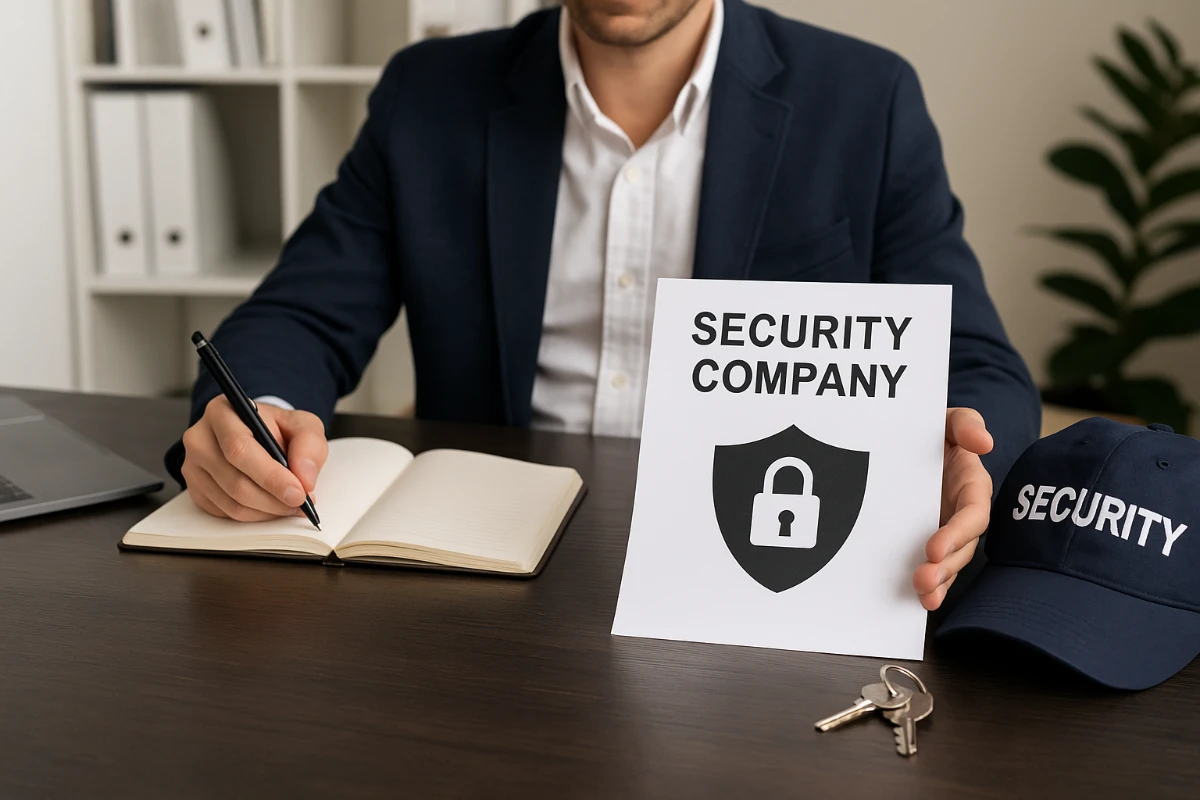 A professional reviews documents and tools while evaluating a security company, focusing on trust, reliability, and service quality.