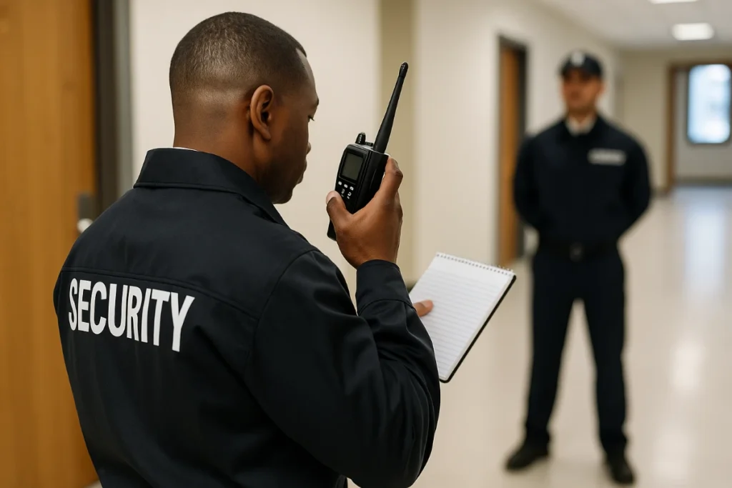 A supervisor monitors a security guard during a trial period, assessing conduct, communication, and performance in a real setting.