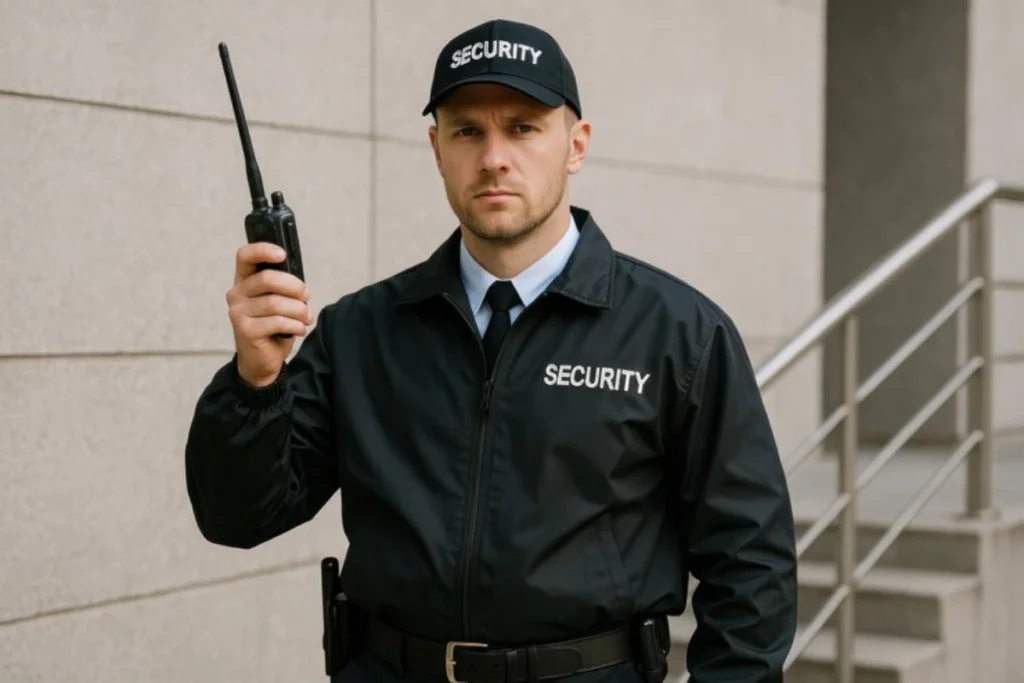 Security guard holding radio
