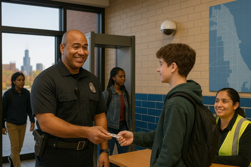 Smiling police officer at a Chicago public school entrance hands back a student’s ID while classmates pass through a metal detector and a staff member observes