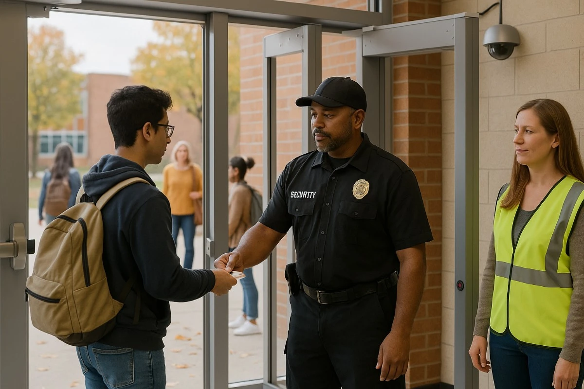 School security guard at the door verifying a student ID near a walk-through metal detector.
