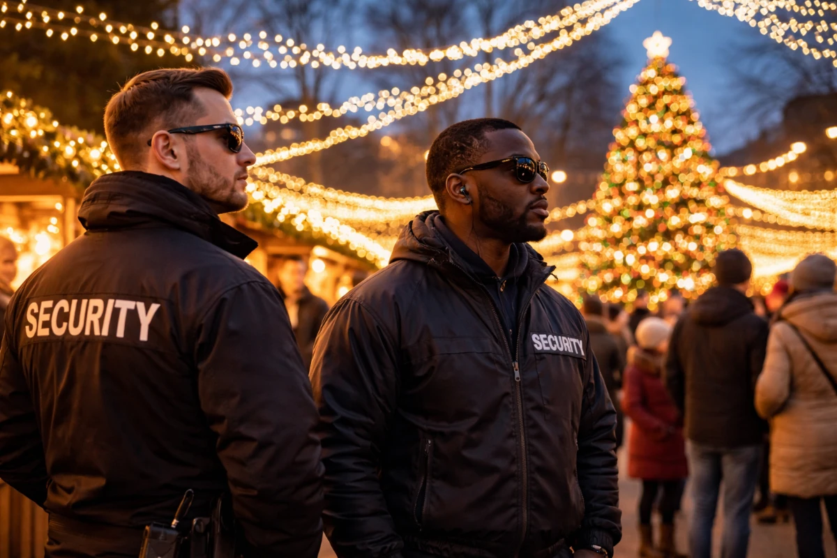 Professional security guards monitoring a crowded outdoor holiday event with festive lights and a Christmas tree in the background