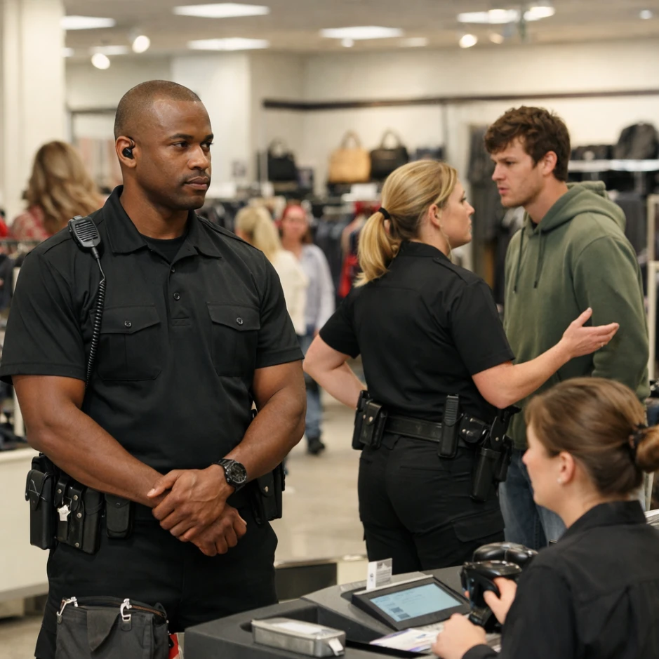 Retail security guard monitoring the sales floor and assisting staff with a customer issue in Chicago