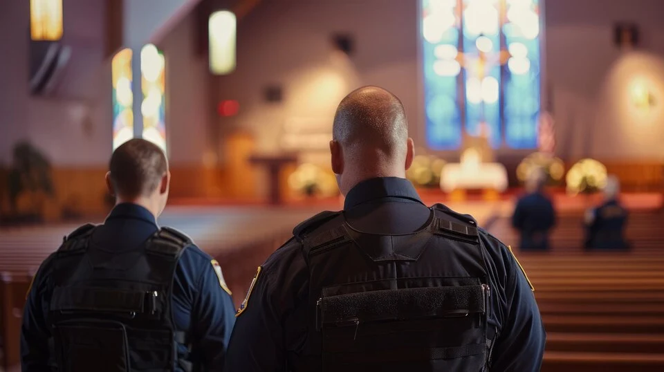 emergency-staffing-chicago-illinois-60656 Two security officers monitoring inside a church sanctuary during a service