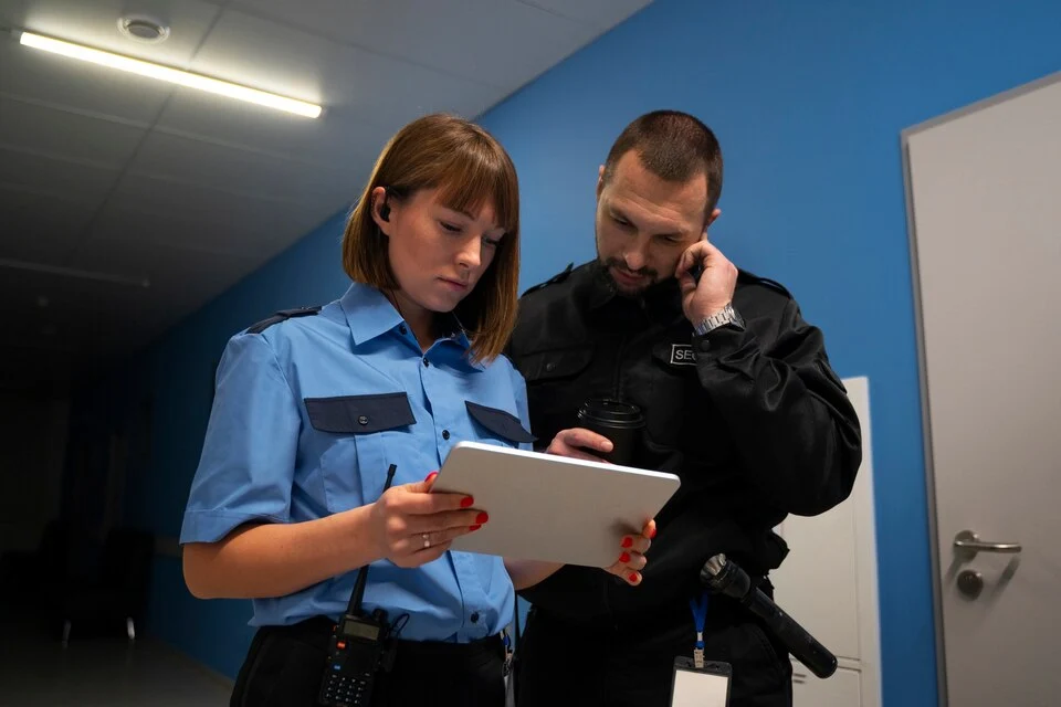 Security team reviewing client schedule and incident plan on a tablet during briefing - 60656