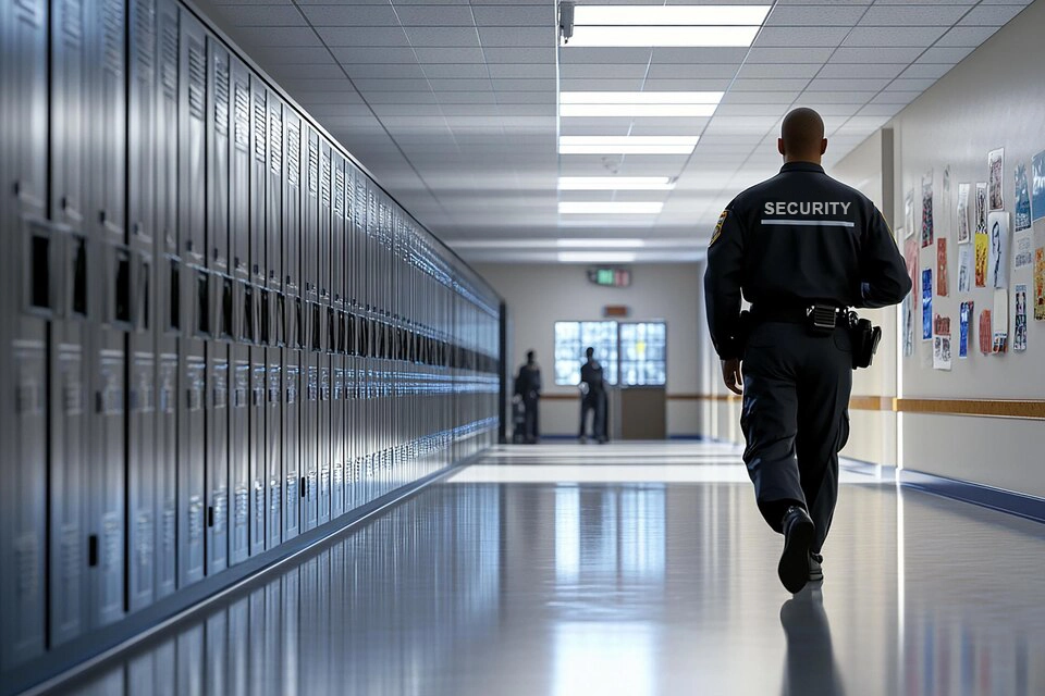 school-security-services-chicago-illinois-60656 Uniformed school security officer walking a corridor with lockers and classroom doors