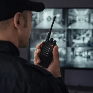 security-guard-company-chicago-illinois-60656 Security consultant monitoring CCTV cameras and communicating by radio for a Chicago Security Guard Company