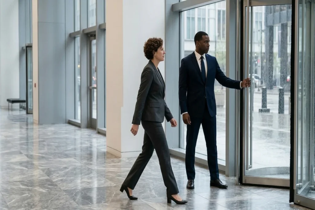 Security escort for Chicago business 60018 Corporate executive being guided through a building by a professional providing Security Escort Chicago protection.