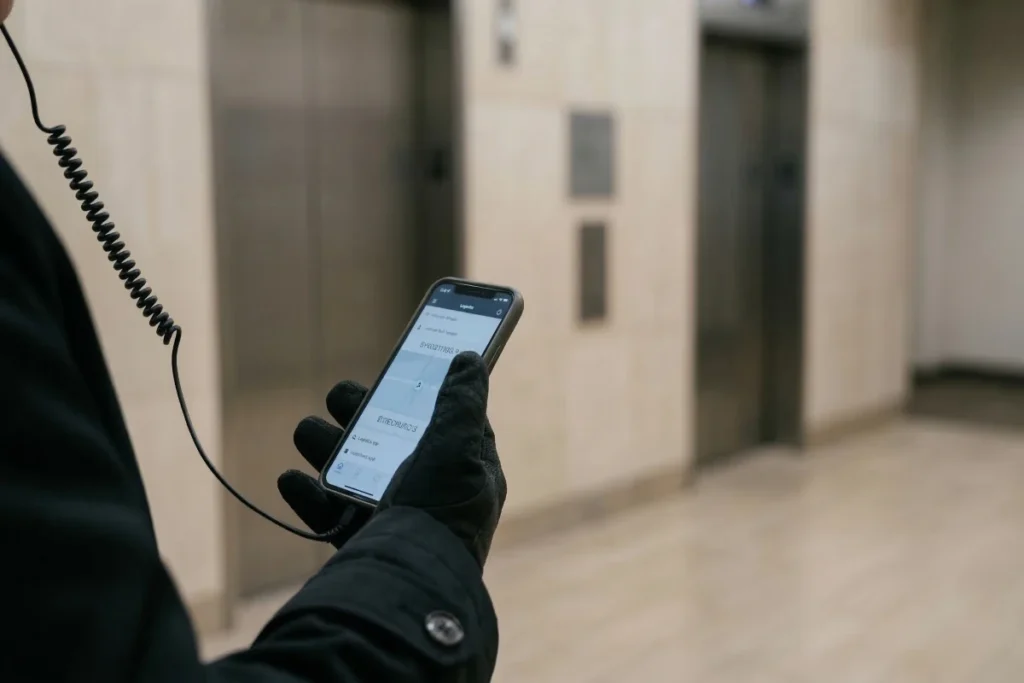 Security escort in Chicago 60018 Close-up of a security professional coordinating Security Escort Chicago services using a mobile device.