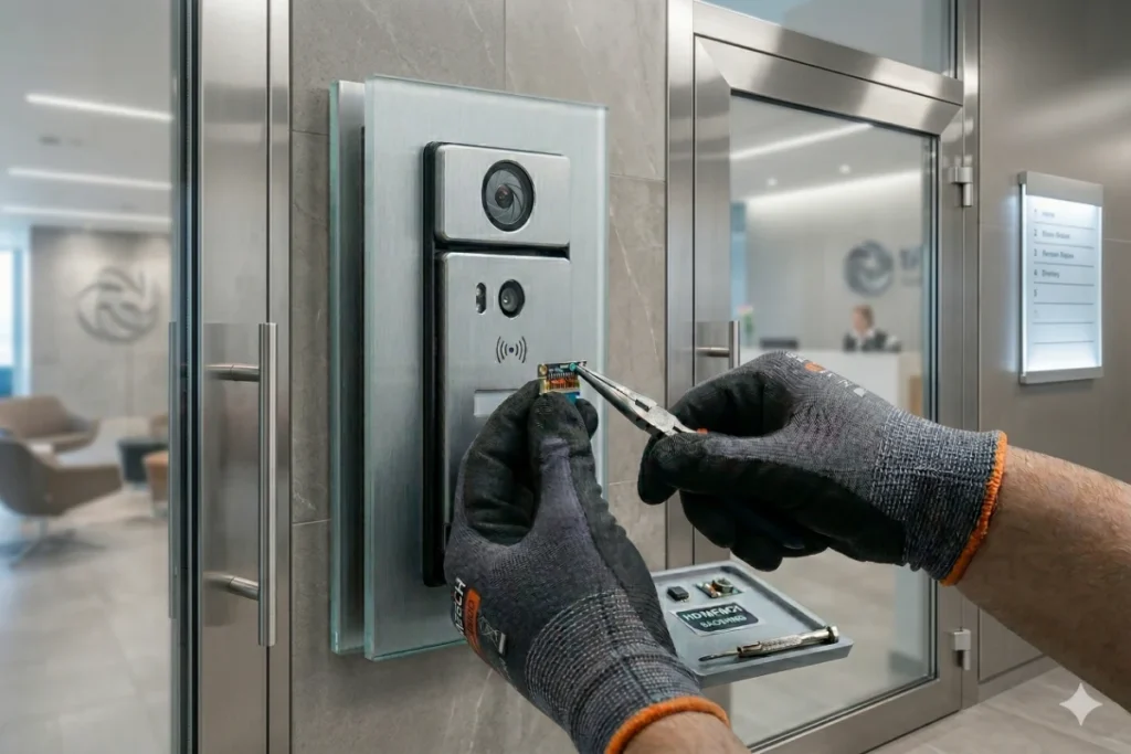 Technician installing a biometric intercom, a key element of modern Business Security Upgrades.