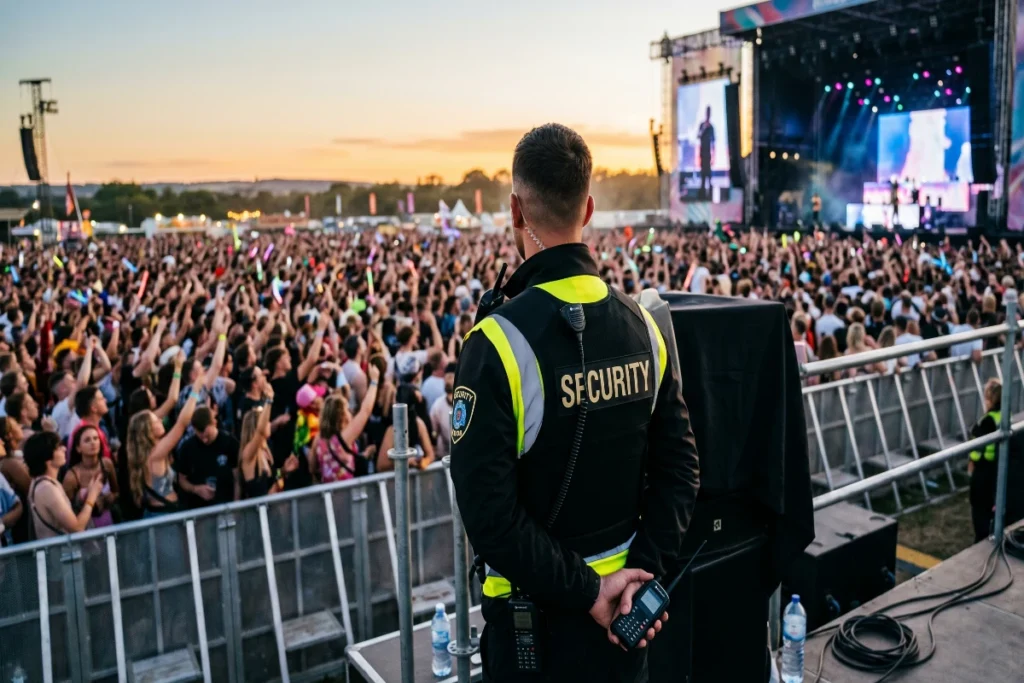 Security Guards for Large Events watching over a festival crowd at sunset