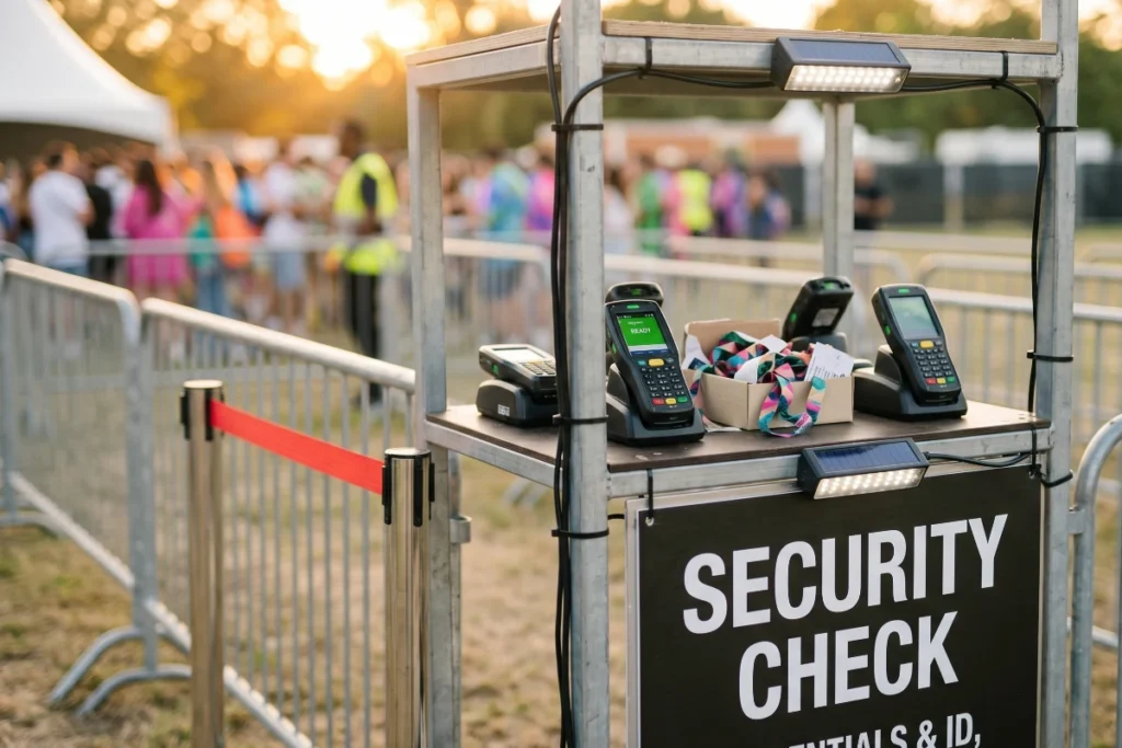 Unmanned security check-in stand with ticket scanners and wristbands