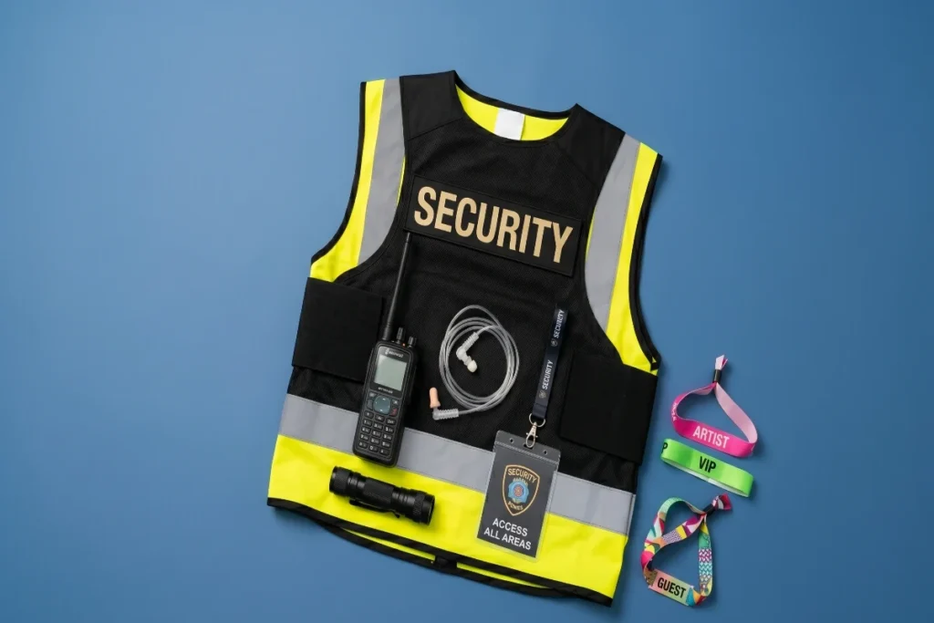 Flat lay of a security vest and gear on a blue background