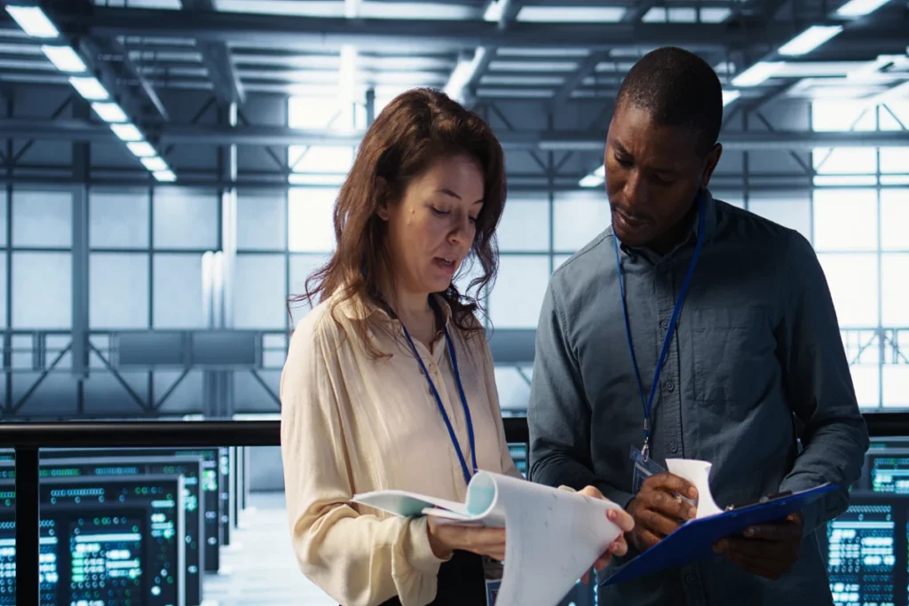 Two security personnel checking a clipboard in a data center, illustrating contract security vs in-house security in Chicago.