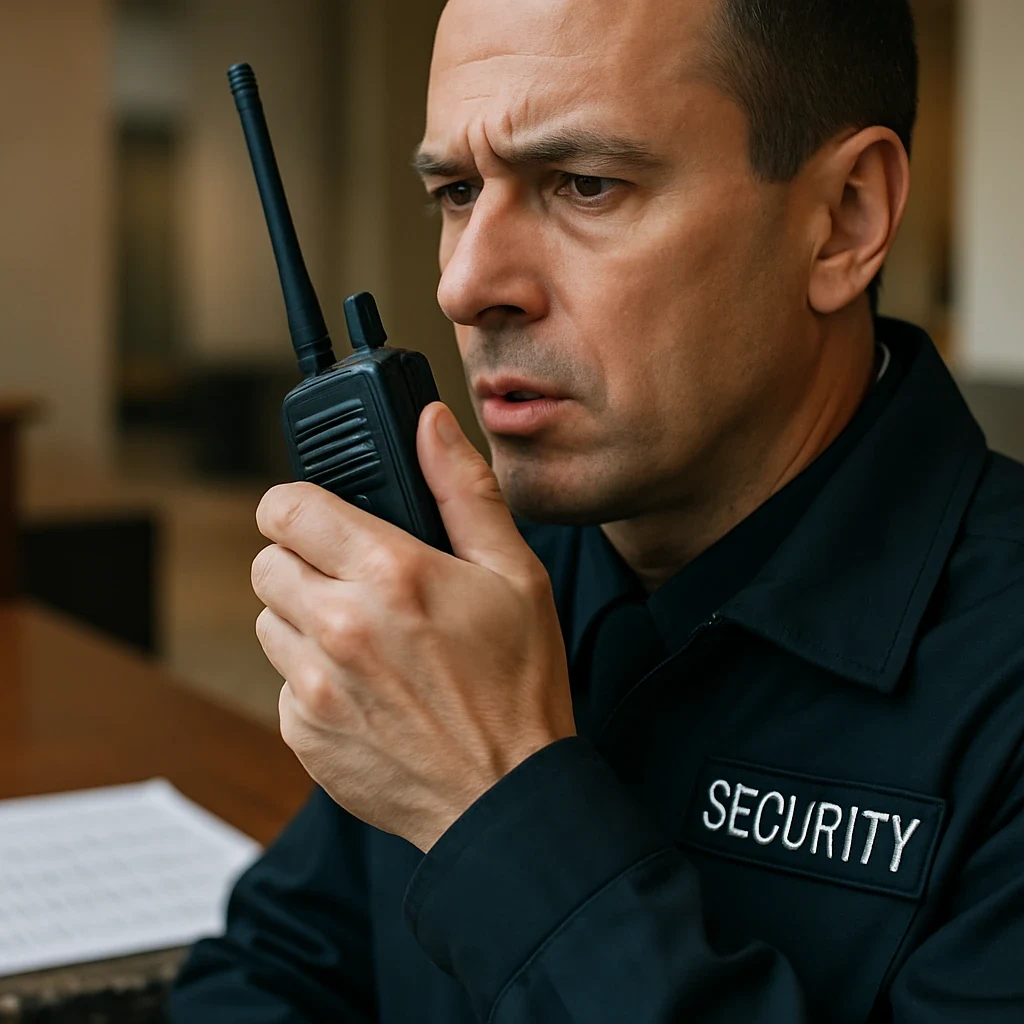 Hands holding a two-way radio