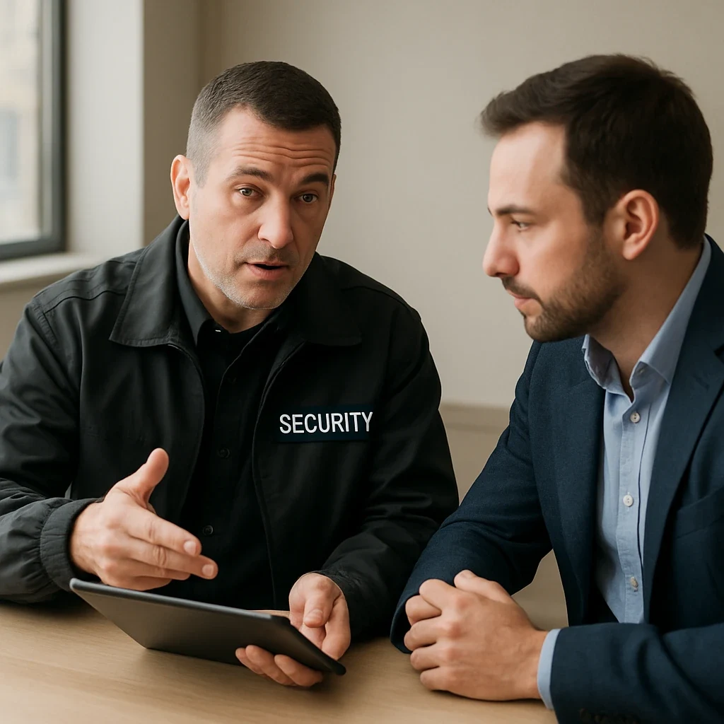 Guard explaining to client after job