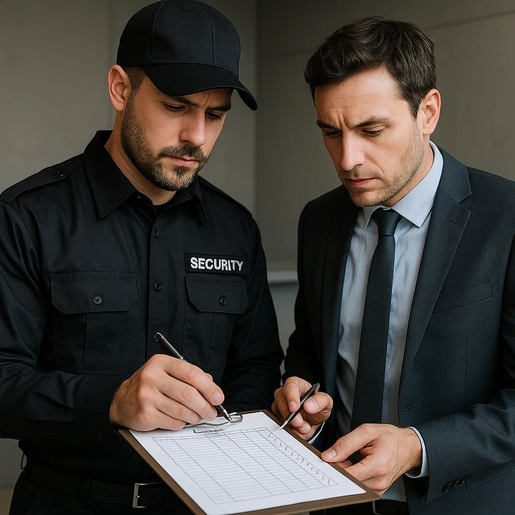 Guard and client with visitor checklist