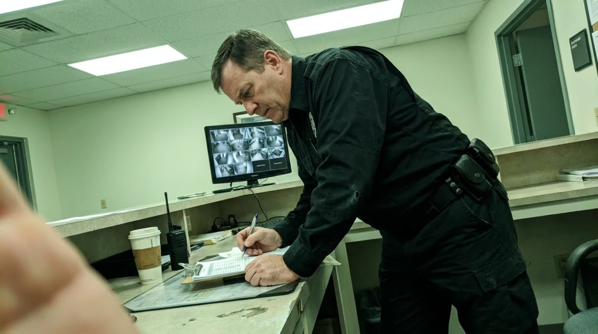 Security guard checking visitor names