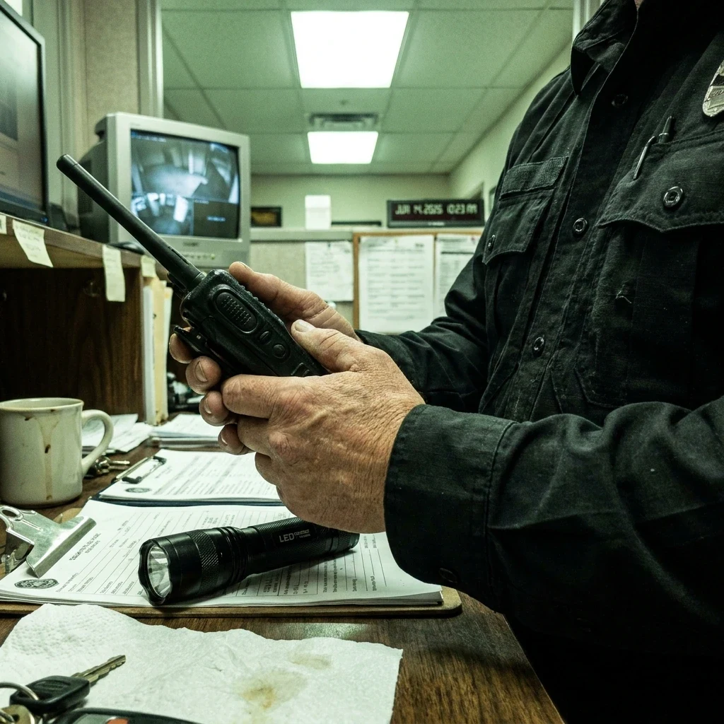 Close-up of hands on two-way radio