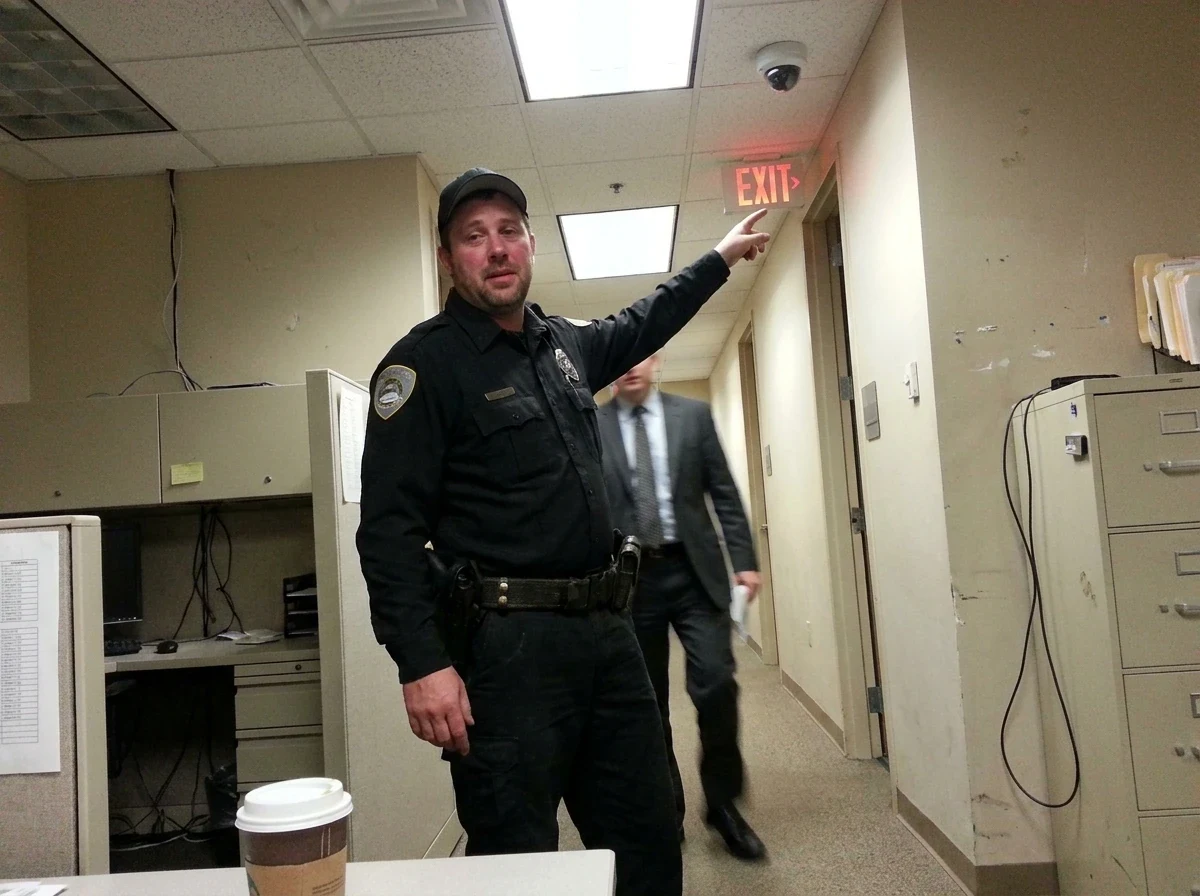 Guard guiding client through office