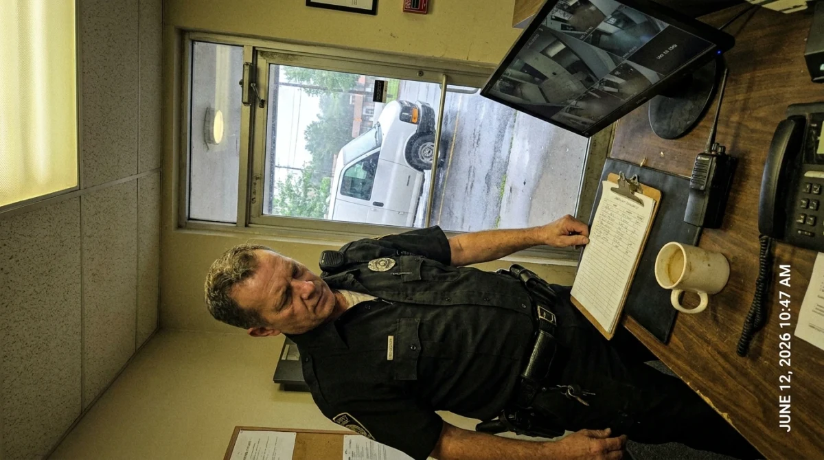 Security guard checking visitor clipboard