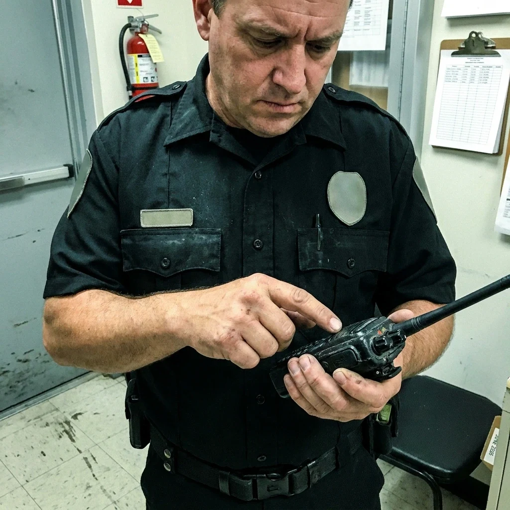Close-up of hands on two-way radio