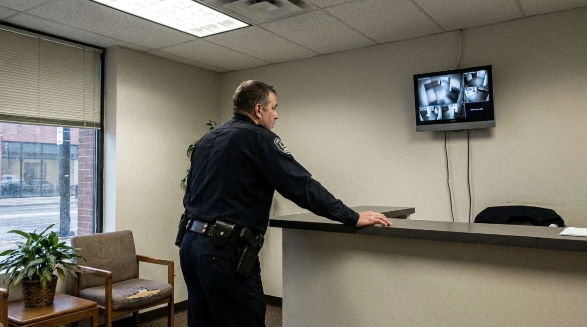 armed security guard monitoring office lobby