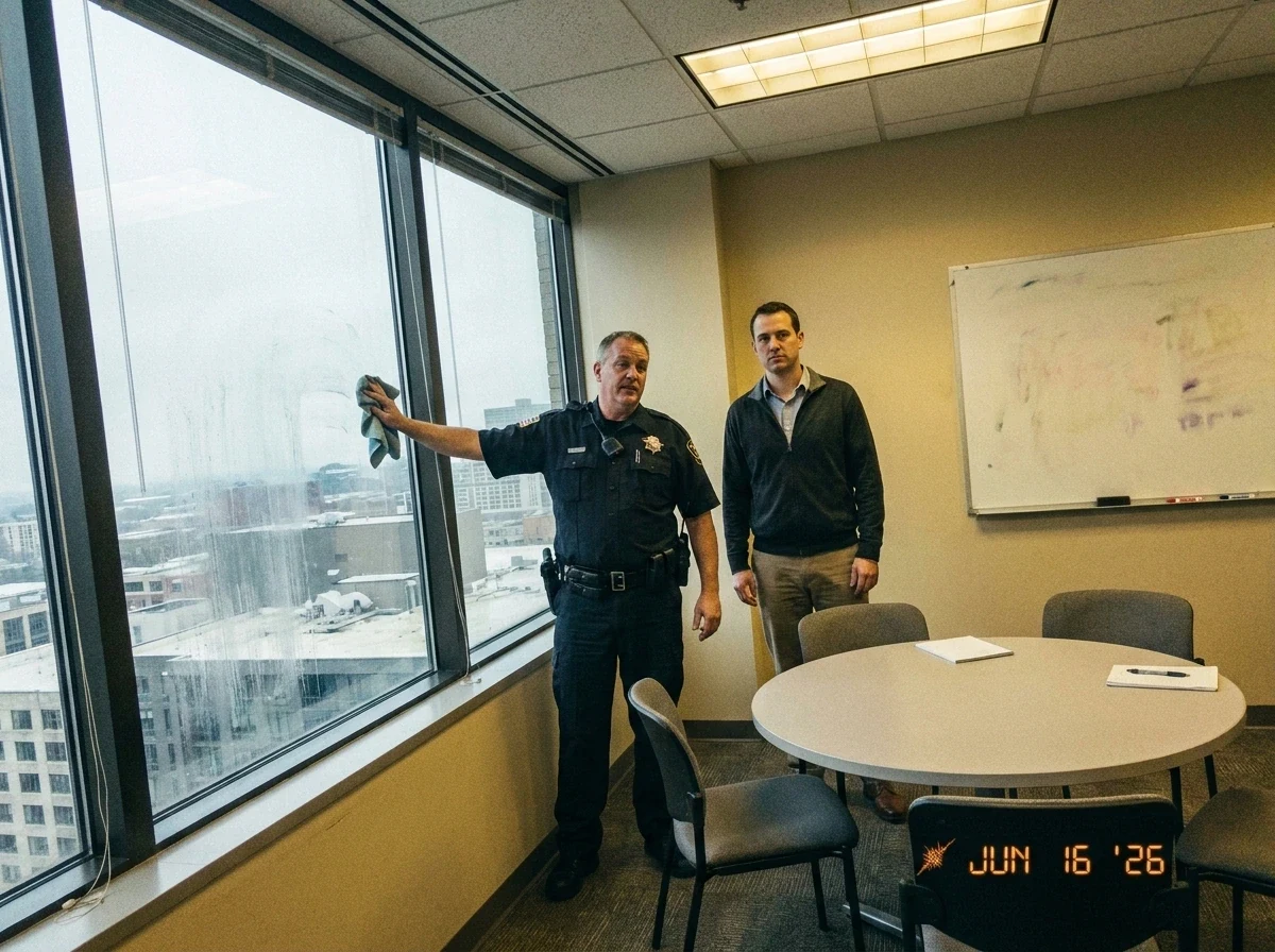security guard pointing at clean window