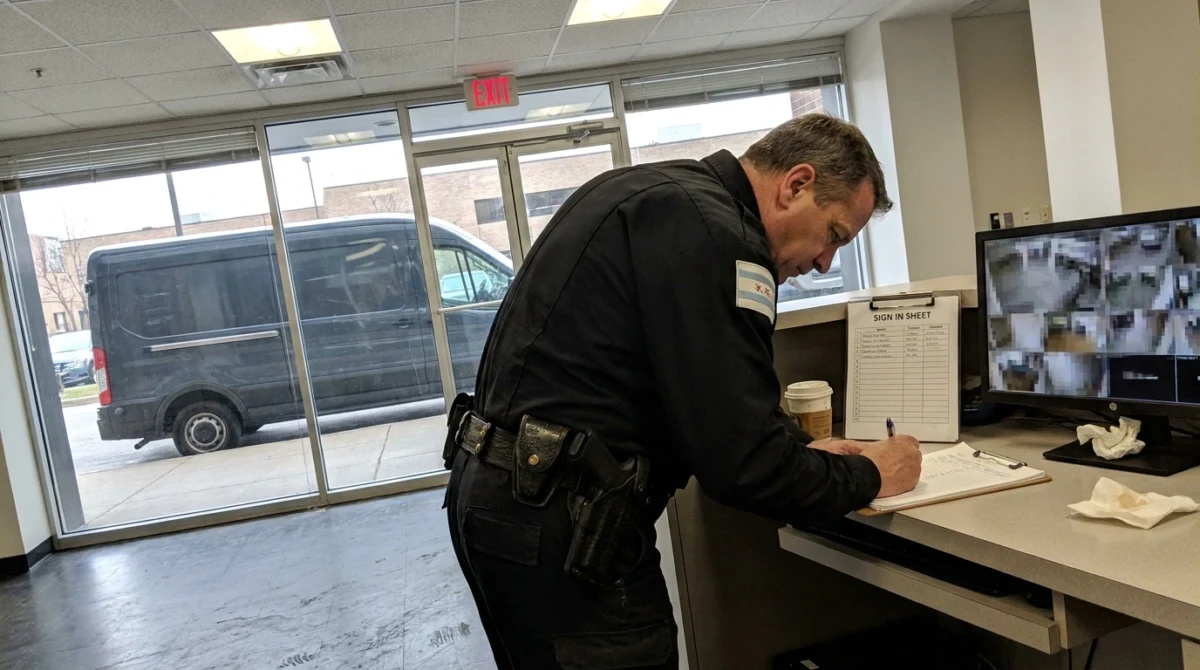 Security guard scanning visitor names clipboard