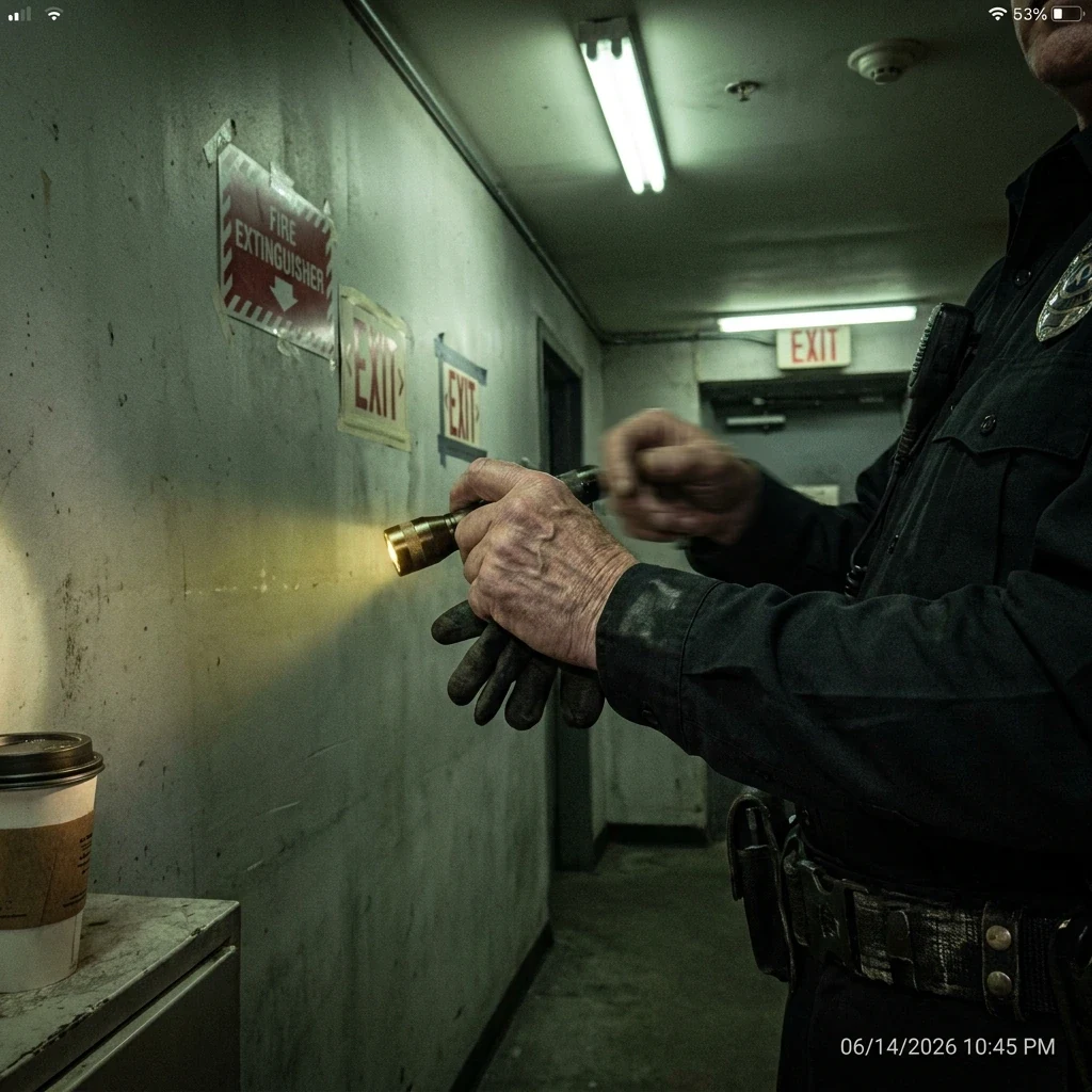 Close-up of flashlight in guard's hands