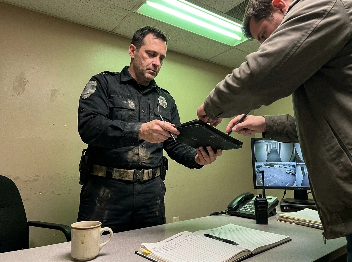Client signing paperwork with security guard