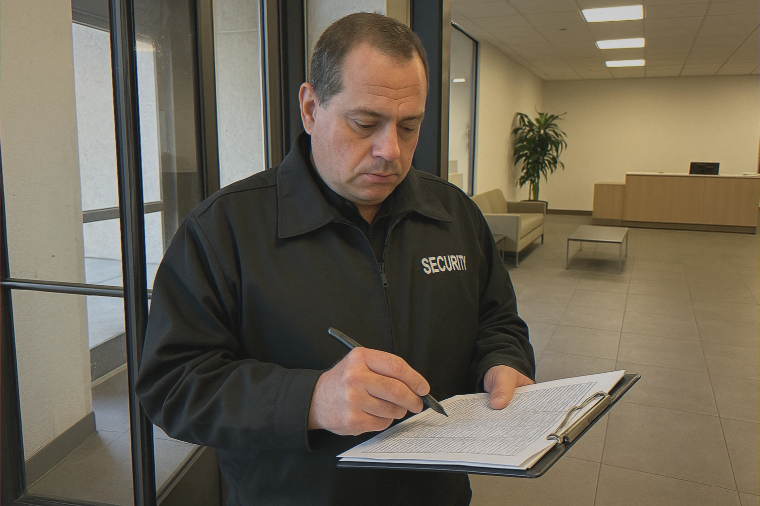 Security guard monitoring lobby entrance