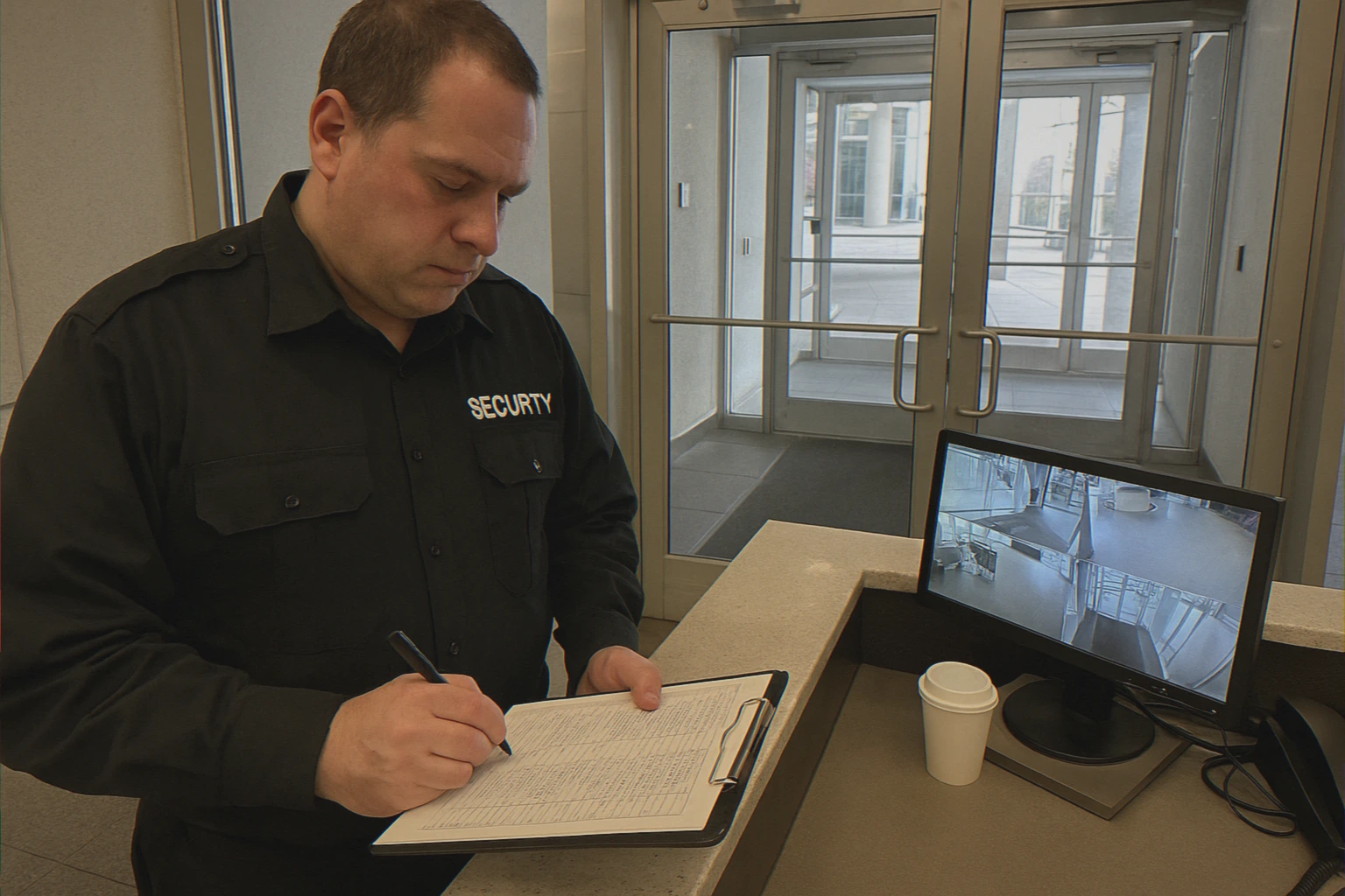 Security guard reading visitor log clipboard