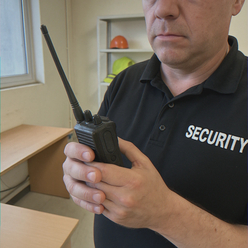 Hands holding two-way radio in meeting room