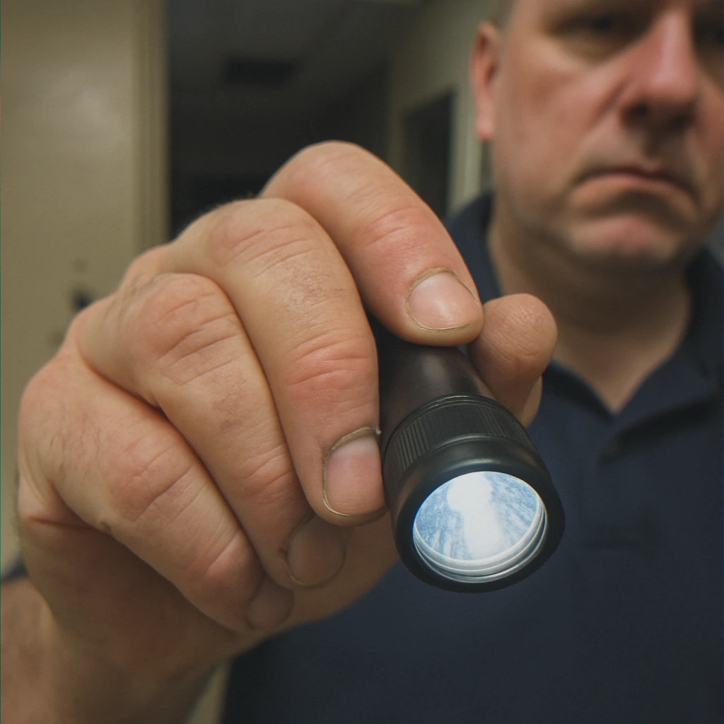 Close-up of hand gripping flashlight