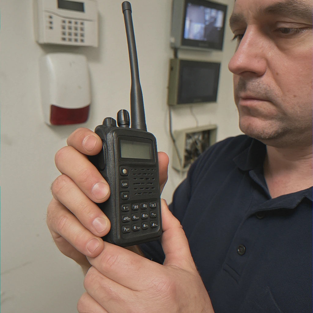 Close-up of hands holding two-way radio