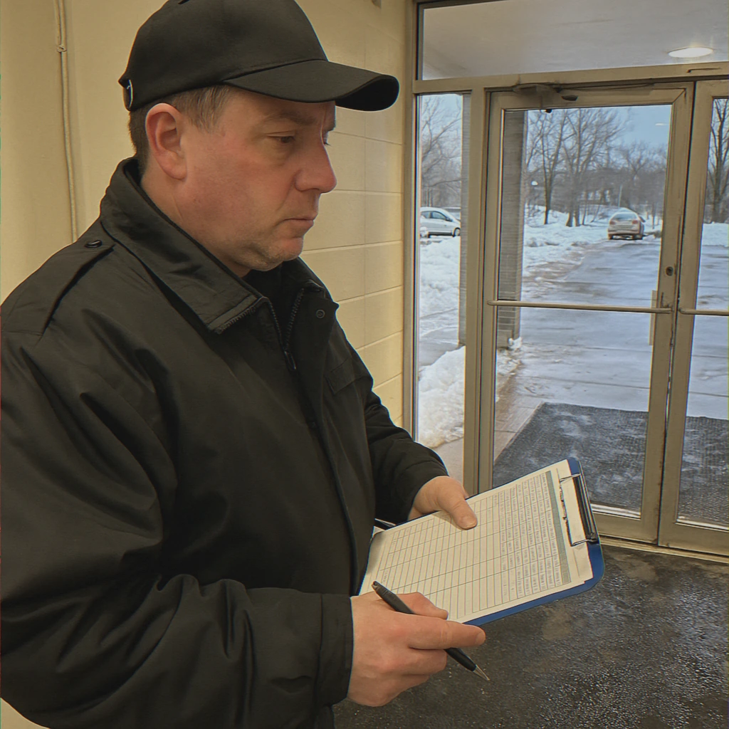 Guard checking visitor log at entrance