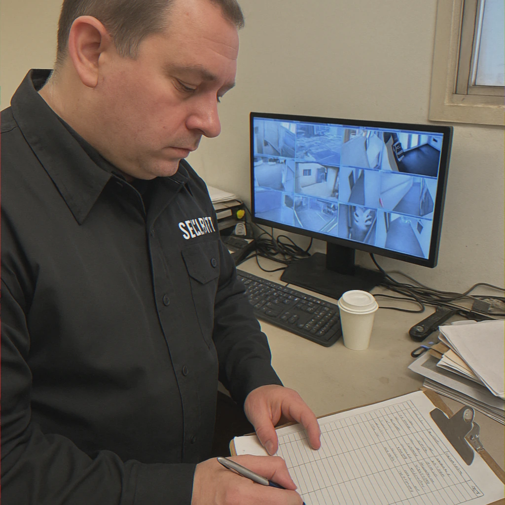 Guard checking visitor log clipboard indoors