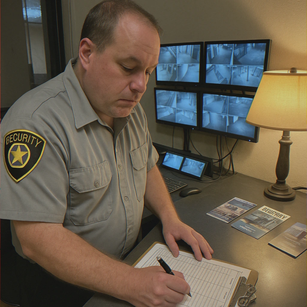 Guard reviewing clipboard at desk