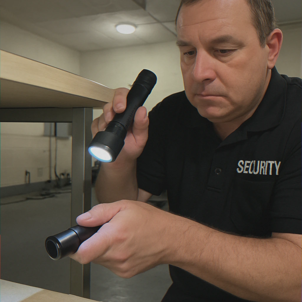 Hands holding flashlight during inspection