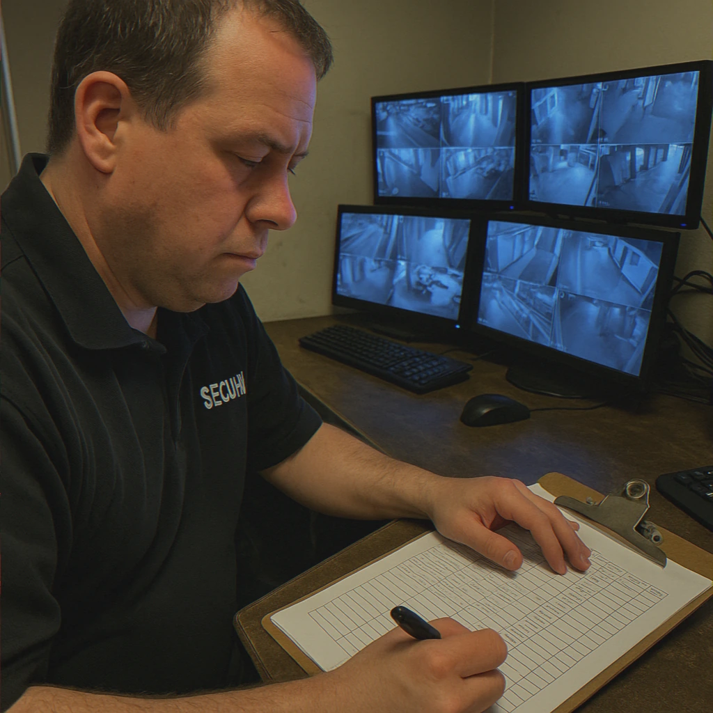 Officer reviewing sign-in sheet at desk