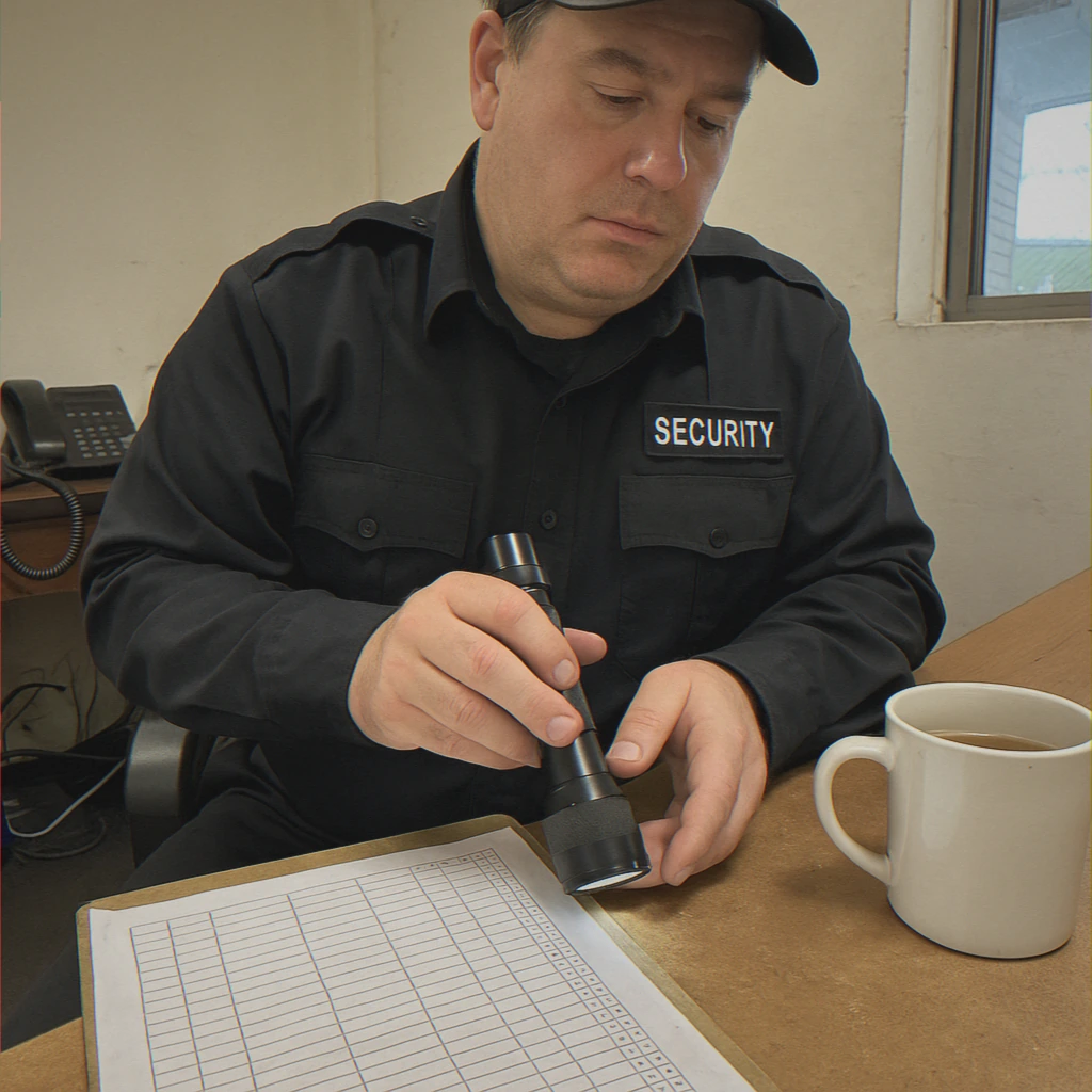 Security guard adjusting flashlight at desk