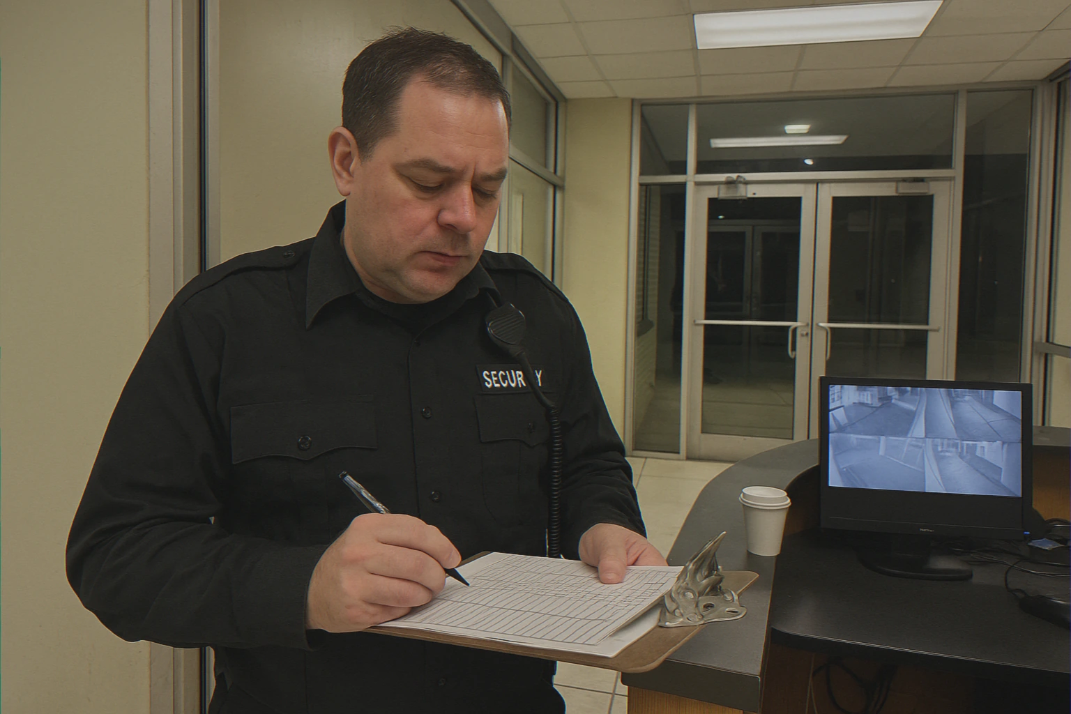 Security guard at lobby entrance with clipboard