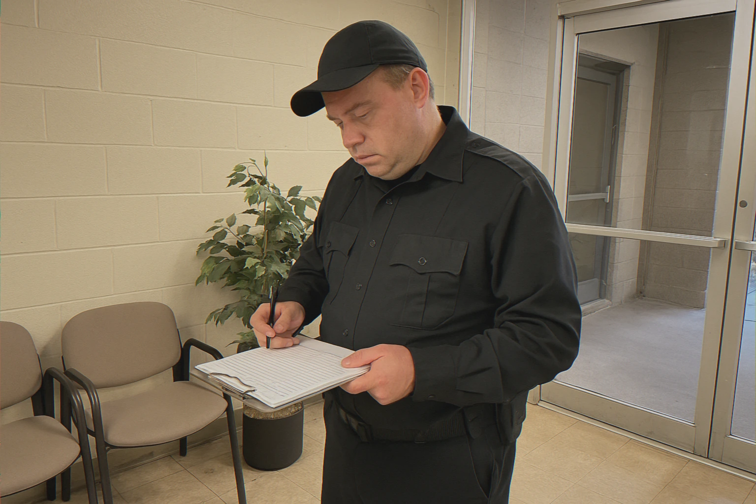 Security guard checking visitor log clipboard