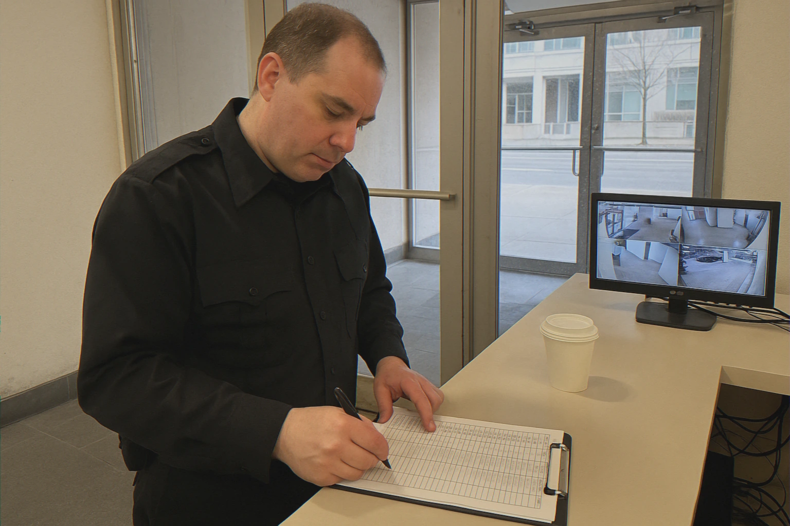 Security guard checking visitor names clipboard