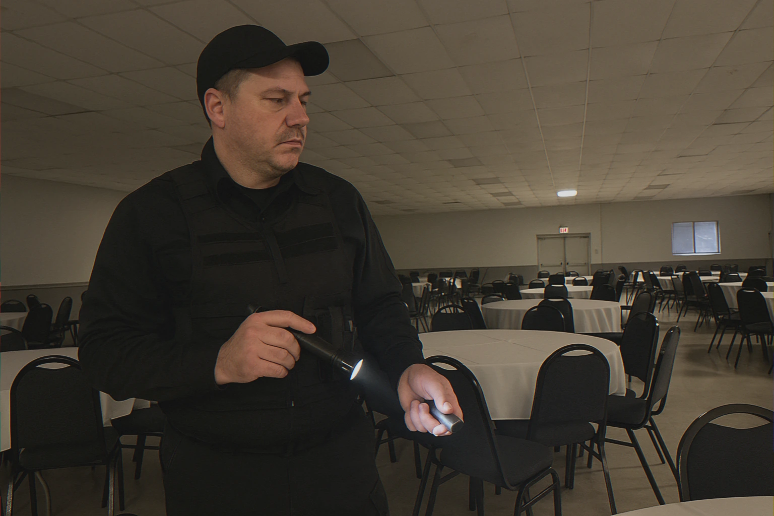 Security guard monitoring empty event hall