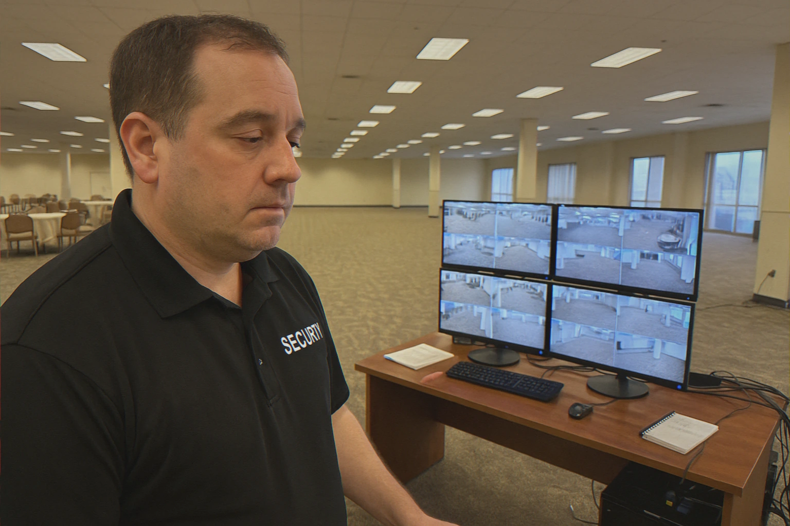 Security guard monitoring event hall cameras