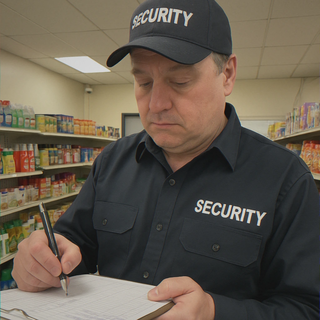 Security guard reviewing retail visitor log